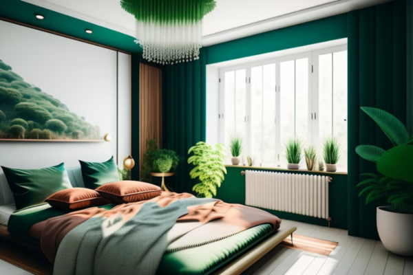 فنگ شویی اتاق خواب با دیوار و روتختی سبز رنگ