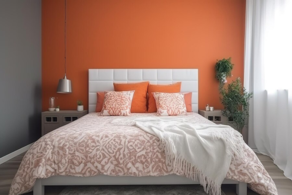ترکیب رنگ دیوار و روتختی با رنگ گرم نارنجی